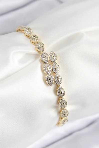 VIP Pirinç Zirkon Taşlı Sıralı Damla Model Gold Renk Kadın Bileklik ürün görseli 1