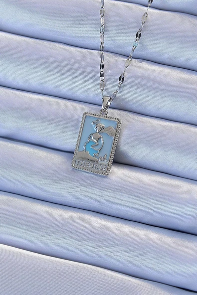 316L Çelik Zincir Gümüş Renk Mavi Mineli Tarot Kolye ürün görseli 1
