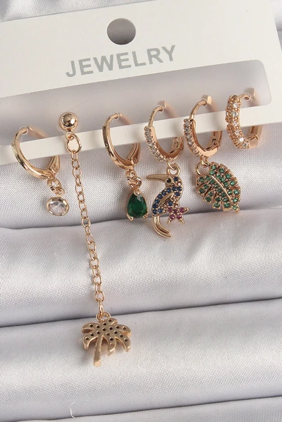 Pirinç Gold Renk Sallantı Zirkon Taşlı Ağaç Figür Kadın Küpe Seti ürün görseli 1