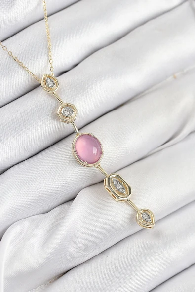 Pirinç Zincir Pembe Gold Renk Zirkon Taşlı Y Kolye ürün görseli 1