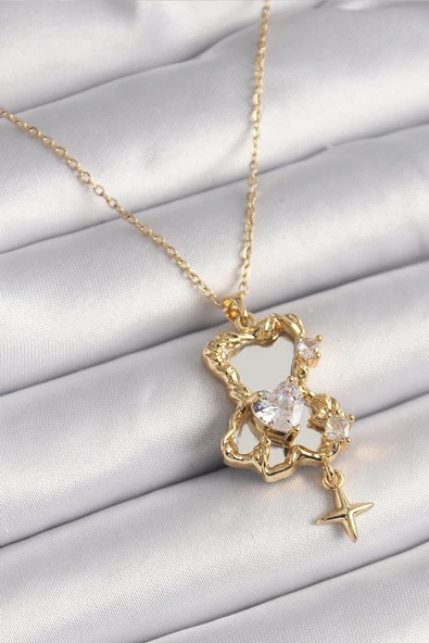 316L Çelik Gold Renk Zincir Ayna Ayıcık Model Zirkon Taşlı Kalp Model Kadın Kolye ürün görseli 1