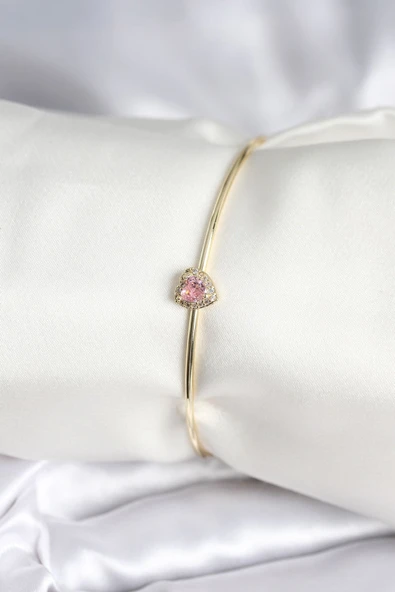 Pembe Zirkon Taşlı Kalp Model Gold Renk Kadın Bileklik ürün görseli 1