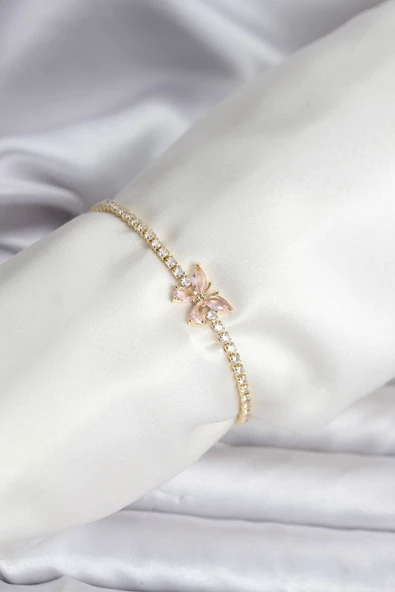 Kelebek Model Zirkon Taşlı Gold Renk Pirinç Su Yolu Kadın Bileklik ürün görseli 1