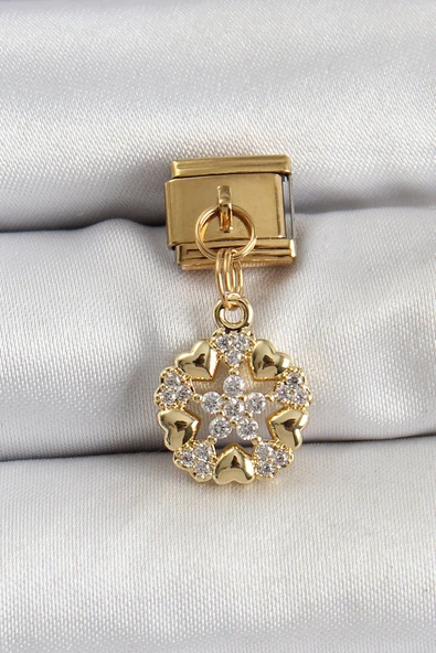 316L Çelik Sallantılı Zirkon Taşlı Kalp Detaylı Yıldz Model Gold Renk Nomination Charm ürün görseli 1