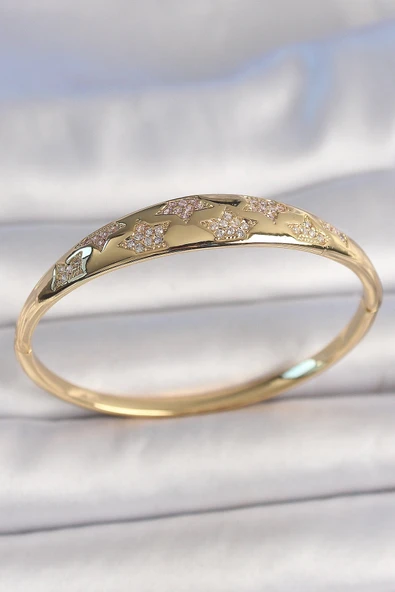 Pirinç Gold Renk Zirkon Taşlı Yıldız İşlemeli Kadın Kelepçe ürün görseli 1