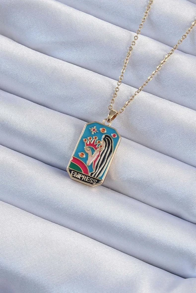 316L Çelik Zincir Altın Renk Taç ve Kız Figürlü Renkli Mineli Tarot Kolye ürün görseli 1