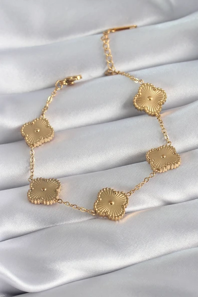 316L Çelik Gold Renk Yonca Model İşleme Detay Kadın Bileklik ürün görseli 1
