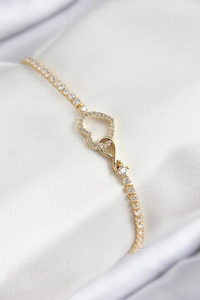 Pirinç Zirkon Taşlı Sonsuzluk Kalp Model Gold Renk Kadın Bileklik ürün görseli 1