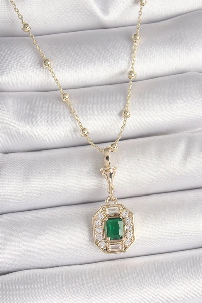 Pirinç Gold Renk Zirkon Taşlı Topçuk Zincir Serenay Model Kadın Kolye ürün görseli 1