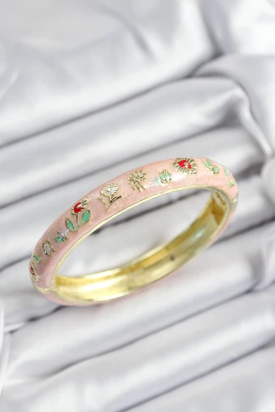 Mineli Pirinç Pembe Çiçek Motifli Gold Renk Kadın Kelepçe ürün görseli 1