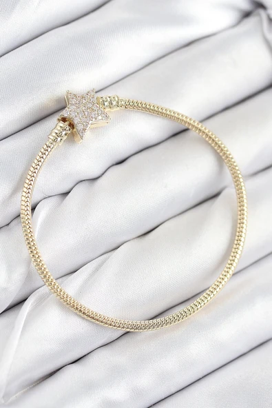 Pirinç Charm Zirkon Taşlı Yıldız Model Gold Renk Kadın Bileklik ürün görseli 1