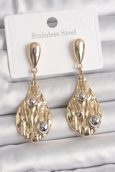 Pirinç Gold Renk Sallantı Damla Model Gümüş Top Detay Kadın Küpe ürün görseli 1