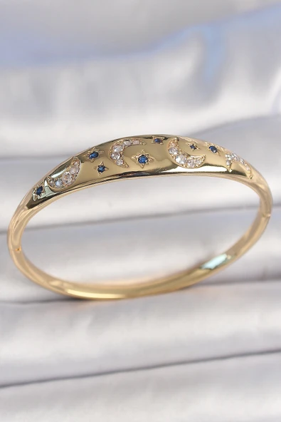 Pirinç Gold Renk Zirkon Taşlı Hilal İşleme Mavi Taşlı Yıldız Detay Kadın Kelepçe ürün görseli 1