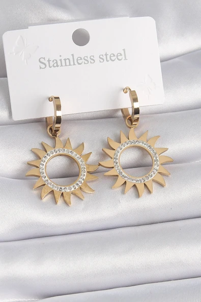 316L Çelik Gold Renk Zirkon Taşlı Güneş Model Kadın Küpe ürün görseli 1