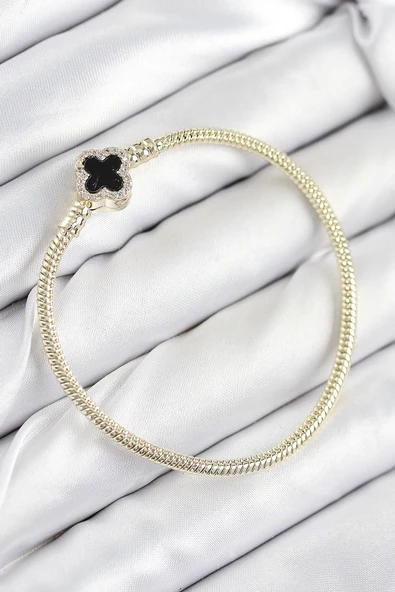 Pirinç Charm Zirkon Taşlı Yonca Model Gold Renk Kadın Bileklik ürün görseli 1