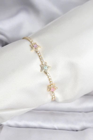 Renkli Yıldız Model Zirkon Taşlı Gold Renk Pirinç Su Yolu Kadın Bileklik ürün görseli 1