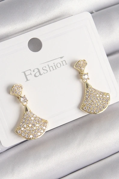 Pirinç Gold Renk Zirkon Taşlı Motif Model Kadın Küpe ürün görseli 1