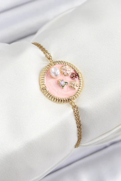 316L Çelik Zincir Pembe Mineli Sanatsal Portre İnci Detaylı Çiçek Model Gold Renk Kadın Bileklik ürün görseli 1