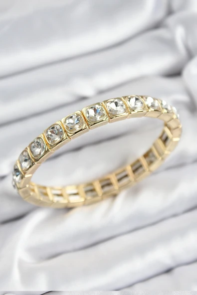 Pirinç Zirkon Taşlı Kare Model Gold Renk Lastikli Kadın Bileklik ürün görseli 1