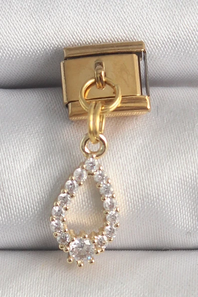 316L Çelik Gold Renk Sallantı Zirkon Taşlı Damla Model Nomination Charm ürün görseli 1