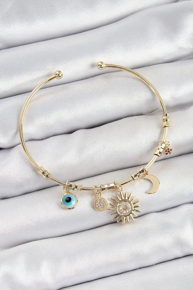 Pirinç Zirkon Taşlı Güneş Ay Nazar Model Gold Renk Charm Bileklik ürün görseli 1