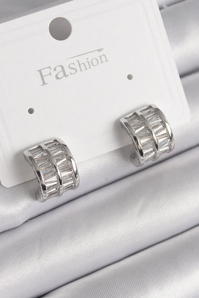 Pirinç Gümüş Renk Çift Sıra Zirkon Taşlı Kadın Küpe ürün görseli 1