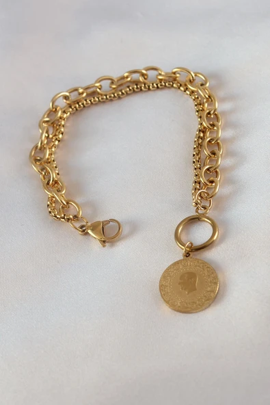 316L Çelik Gold Renk 2'li Zincir Model Çeyrek Altınlı Kadın Bileklik ürün görseli 1
