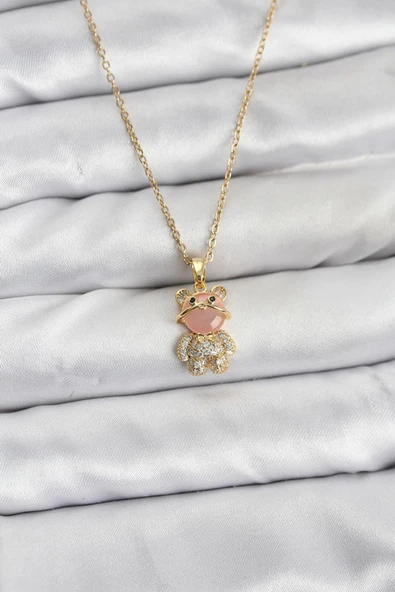 316L Çelik Zincir Gold Renk Teddy Bear Model Zirkon Taşlı Kadın Kolye ürün görseli 1