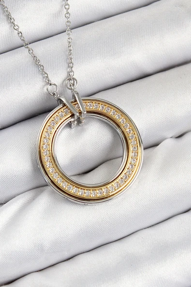 316L Çelik Zirkon Taşlı Dönen Daire Model Gold Ve Gümüş Renk Kadın Kolye ürün görseli 1
