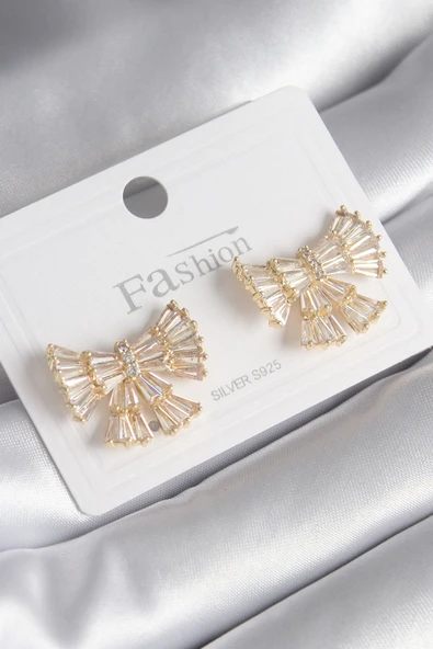 Pirinç Gold Renk Zirkon Taşlı Kurdele Model Kadın Küpe ürün görseli 1