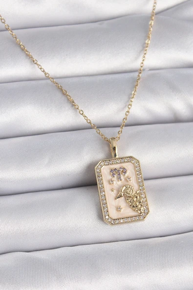 316L Çelik Gold Renk Zincir Koç Burcu Zirkon Taşlı Kadın Kolye ürün görseli 1