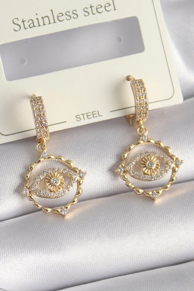 Pirinç Gold Renk Zirkon Taşlı Göz Model Kadın Küpe ürün görseli 1