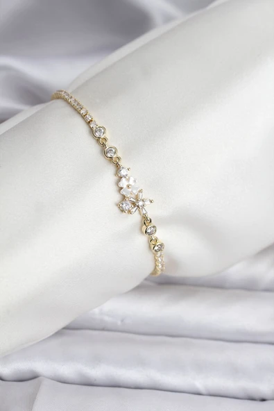 Çiçekli Model Zirkon Taşlı Gold Renk Su Yolu Kadın Bileklik ürün görseli 1