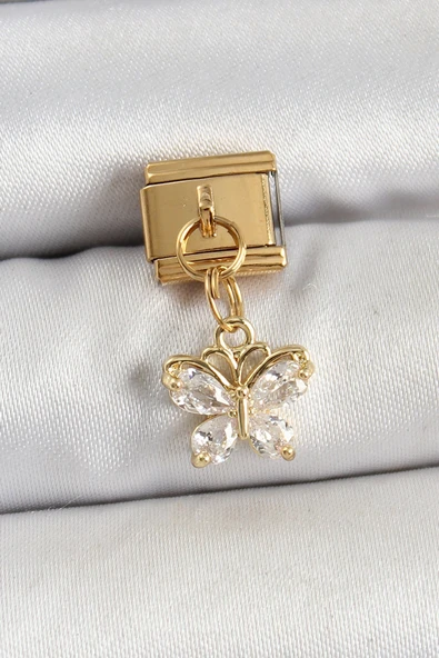 316L Çelik Sallantılı Zirkon Taşlı Kelebek Model Gold Renk Nomination Charm ürün görseli 1