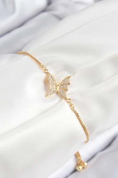 Pirinç Zirkon Taşlı Kelebek Model Gold Renk Asansörlü Kadın Bileklik ürün görseli 1