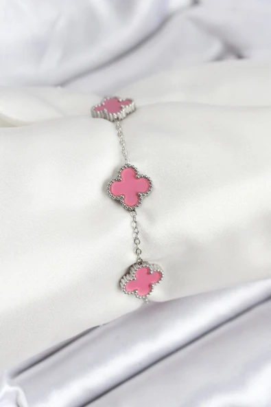 316L Çelik Gümüş Zincir Pembe Renk Yonca Bileklik ürün görseli 1