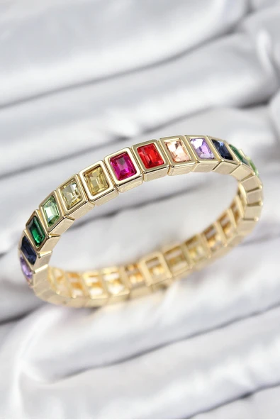 Pirinç Karışık Zirkon Taşlı Dikdörtgen Model Gold Renk Lastikli Kadın Bileklik ürün görseli 1