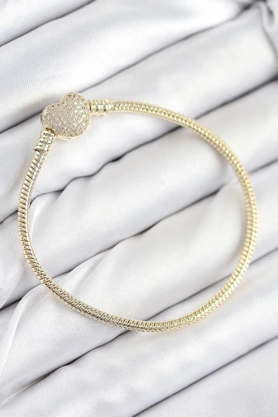 Pirinç Charm Zirkon Taşlı Kalp Model Gold Renk Kadın Bileklik ürün görseli 1