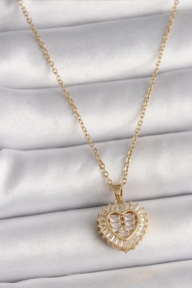 316L Çelik Gold Renk Zincir Zirkon Taşlı Kalp Model Kadın Kolye ürün görseli 1