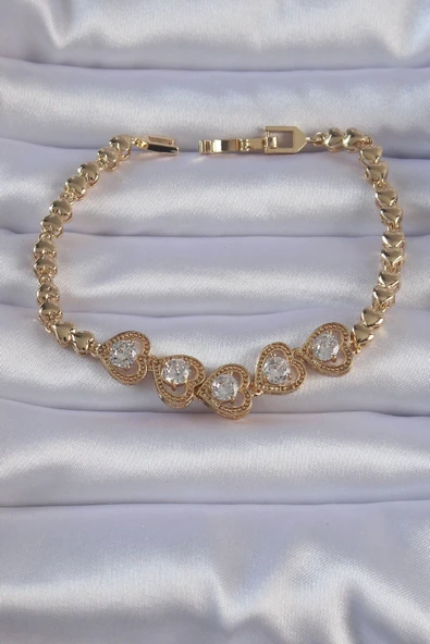 Pirinç Gold Renk İçi Zirkon Taşlı Kalp Figürlü Bileklik ürün görseli 1