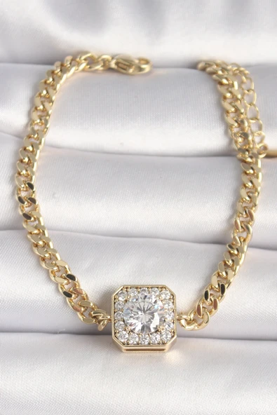 Pirinç Gold Renk Zincir Kare Zirkon Taş Model Xuping VIP Seri Kadın Bileklik ürün görseli 1