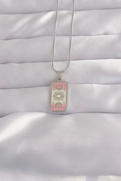 316L Çelik Gümüş Renk Pembe Mineli Ay Figür Tarot Kolye ürün görseli 1