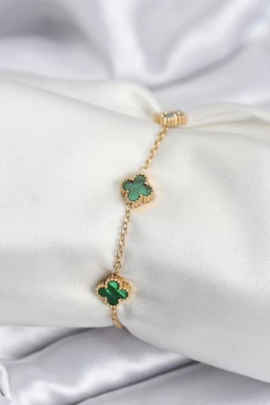 316L Çelik Gold Renk Yeşil Baby Boy Yonca Kadın Bileklik ürün görseli 1