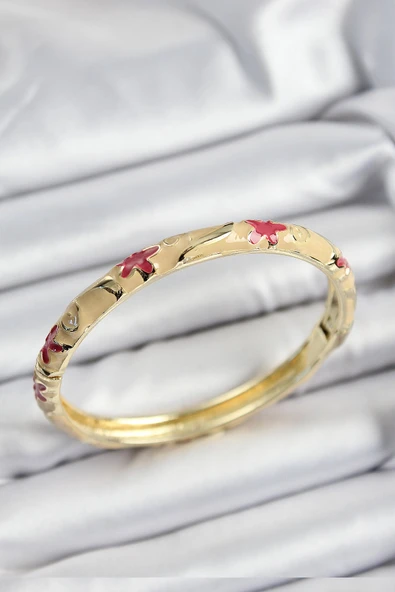 Mineli Pirinç Pembe Ve Krem Çiçek Motifli Gold Renk Kadın Kelepçe ürün görseli 1