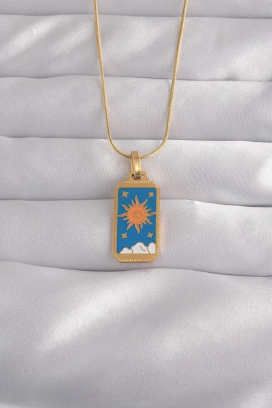 316L Çelik Gold Renk Mavi Mineli Güneş Model Tarot Kolye ürün görseli 1