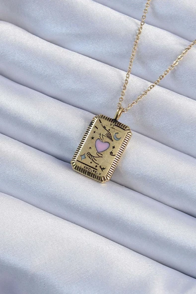316L Çelik Zincir Eskitme Altın Renk Pembe Mineli Kalp Figürlü Tarot Kolye ürün görseli 1