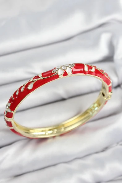Mineli Pirinç Zirkon Taşlı Kırmızı Çiçek Motifli Gold Kadın Kelepçe ürün görseli 1
