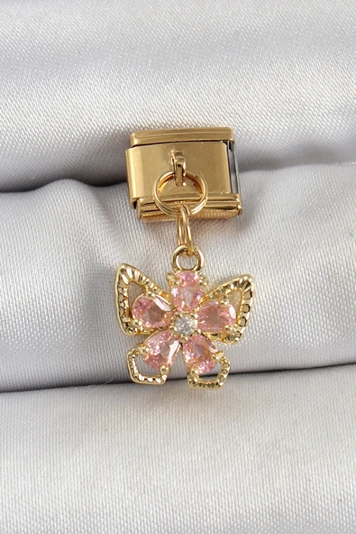 316L Çelik Sallantılı Zirkon Taşlı Çiçek Figürlü Kelebek Model Gold Renk Nomination Charm ürün görseli 1