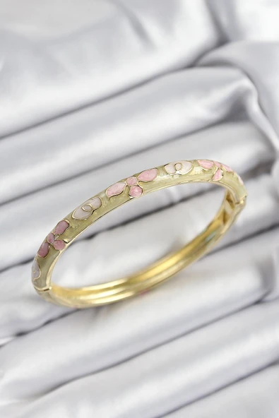 Mineli Pirinç Pembe Hardal Ve Krem Çiçek Motifli Gold Renk Kadın Kelepçe ürün görseli 1