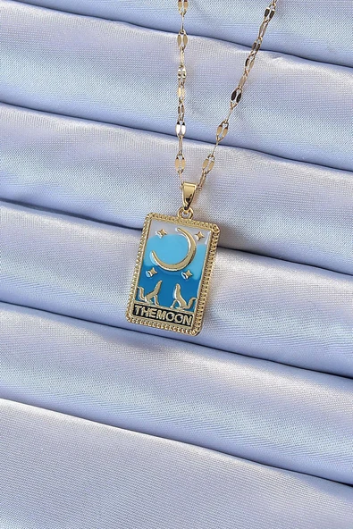 316L Çelik Zincir Altın Renk Mavi Mineli Ay Figür Tarot Kolye ürün görseli 1